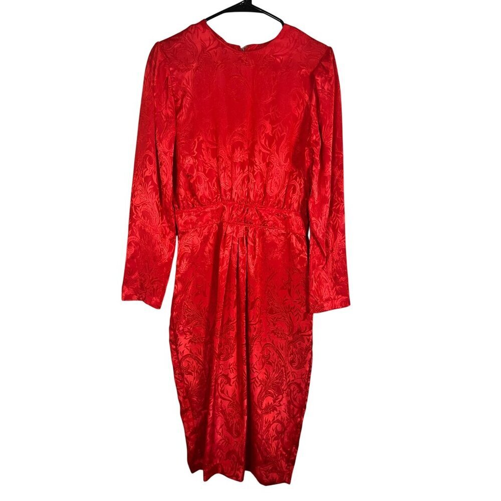 Retro Floral Dress Red S Festive Holiday Classic Chic Preppy Shiny Feminine 80s